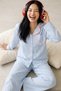 Blue Plaid Patterned Pocketed Ruffled Soft Tuşe Winter Buttoned Knitted Pajama Set 8081