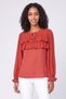 Women Tie Neck Long Sleeve Plain Blouse, Dark Rust