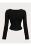 Black Ribbed Knitwear Gold Buckle Square Neck Long Sleeve Crop Blouse, Black Ribbed Knitwear Long Sleeve Blouse with Gold Accessories - 2