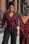 Women's Three Quarter Sleeves V-Neck Leopard Patterned Front Buttoned Waist Tie Belted Micro Blouse Casual Comfortable Stylish Blouse
