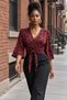Women's Three Quarter Sleeves V-Neck Leopard Patterned Front Buttoned Waist Tie Belted Micro Blouse Casual Comfortable Stylish Blouse - 5