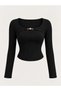Black Ribbed Knitwear Gold Buckle Square Neck Long Sleeve Crop Blouse, Black Ribbed Knitwear Long Sleeve Blouse with Gold Accessories - 5
