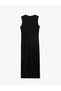 Sleeveless Crew Neck Long Draped Dress with Metallic Accessories - 2