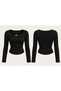 Black Ribbed Knitwear Gold Buckle Square Neck Long Sleeve Crop Blouse, Black Ribbed Knitwear Long Sleeve Blouse with Gold Accessories - 7