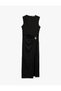 Sleeveless Crew Neck Long Draped Dress with Metallic Accessories