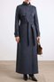 Gabardine Suede Overcoat with Snap Fasteners and Cape Detail Dark Blue 6927 - 5