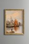 Red Sailboat on the Coast and City Silhouette - Vintage Patterned Painting - Fine Model