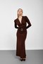 Brown V-Neck Waist Buckle Long Sleeve Gathered Dress - 4
