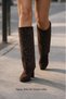 Women's Black Brown 7cm Thick Heel Stoned Boots with Stoned Leg Part - 2
