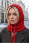 Women's Red Knitted Balaclava Snow Mask Lace-Up Thick Ribbed Knitwear Hooded Beanie Neck Collar - 5