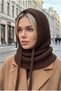 Women's Brown Knitted Balaclava Snow Mask Lace-Up Thick Ribbed Knitwear Hooded Beanie Neck Collar - 3