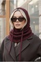 Women's Burgundy Knitted Balaclava Snow Mask Lace-Up Thick Ribbed Knitwear Hooded Beanie Neck Collar - 4