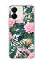 Redmi 13C Compatible Pink Flower Green Leaf Printed Transparent Phone Case