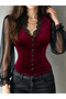 Women's Long Sleeve Tulle Lace Collar Buttoned Velvet Blouse - 2