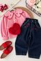 Plaid Girls' 3-Piece Set with Plush Heart Bag and Collar Detail - Red