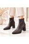 Yona Women's Bitter Brown Leather Pointed Toe Front Stitching Detailed Zippered Warm Lining 7 cm Thick Heels - 2