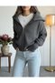 Women's Gray Zippered Turn-Down Collar Thessaloniki Knitwear Cardigan