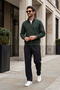 High Collar Zippered Jacket Straight-Leg Pants Tracksuit Set 24710 Khaki-Black - 5
