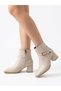 Women's Beige Stylish Sole Thick Heeled Belt Detailed Zippered Boots