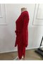 Women's long sleeve midi dress with patterned sleeves, side slit, and belted waist in janjan crepe. - 6