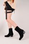 Black Suede Western Embroidery Detailed Pointed Toe Thick Heeled Zippered Women's Cowboy Boots