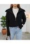 Women's Black Zippered Turn-Down Collar Thessaloniki Knitwear Cardigan