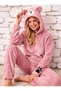 Hooded Teddy Bear Themed Pink Color Fun Trendy Style Wellsoft Fabric Soft Winter Season Women's Pajama Set - 2