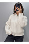 Women's Ecru Reversible Zippered High Collar Knitted Cardigan - 3
