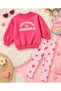 Girl's Pink Slogan Sweatshirt Winter 3-Thread Cotton Sweatshirt Heart Leggings Top and Bottom Set