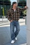 Men's Plaid Hooded Casual Zippered Camel Brown Jacket - 3