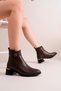 Brown Leather Gold Buckle Detailed Thick Heeled Zippered Women's Boots - 3