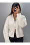 Women's Ecru Reversible Zippered High Collar Knitted Cardigan