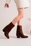Brown Suede Metal Trocley Detailed Pointed Toe Thick Heeled Women's Boots