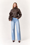 Women's Oversize Stand Collar Brown Leather Jacket - 4
