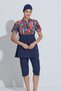 Women's Semi-Closed Swimsuit Set 4 Pieces Short Sleeve Zippered Patterned Navy Blue - 4