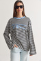 Women's White-Blue Text Printed Striped Crew Neck Oversize Long Sleeve Sweatshirt 2389 60286694 - 2