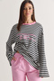 Women's White-Pink Text Printed Striped Crew Neck Oversize Long Sleeve Sweatshirt 2389 60286694