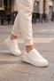 Stone Detailed Lace-Up Sneaker White Leather Thick Comfortable Sole Stylish Women's Casual Walking Shoes 431179 - 2