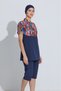 Women's Semi-Closed Swimsuit Set 4 Pieces Short Sleeve Zippered Patterned Navy Blue - 5