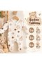 Brown Teddy Bear Patterned, Snap-Fastened, Long-Sleeved Booties Jumpsuit - 100% Cotton - 2