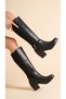 Cream Leather Look Back Stretch Flexible Thick Medium High Heel Buckle Detailed Zippered Long Boots - 2