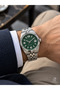 Men's Wristwatch Green Honeycomb Pattern Dial, Silver Color Steel Case and Band, Quartz Movement, Calendar, Classic Stylish Analog Watch with Serrated Bezel - 2