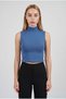 Women's Blue Color Half Fisherman Collar Body-Fitting Basic Flexible Athlete Crop Blouse