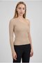 Women's Stone Camel Beige One Shoulder Sleeve Open Top Quality Woven Long Sleeve Ribbed Blouse Body - 2