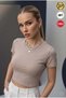 Women's stone color bicycle collar lycra short sleeve body crop blouse
