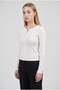 Women's white ribbed knit button-down cardigan blouse with flexible button detail, long sleeves, and crew neck. - 2