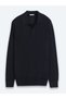 Navy Blue Polo Neck Plain Knit Wool Blended Sweater - 7