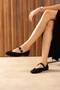 Black Women's Genuine Leather Snake Patterned Buckle Mary Jane Ballerina Shoes - 5