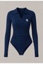 Polo Collar Embroidered Long Sleeve Bodysuit Blouse - 3