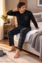 Men's Pocketed Long Sleeve Black Plaid Printed Cotton Knitted Pajama Set